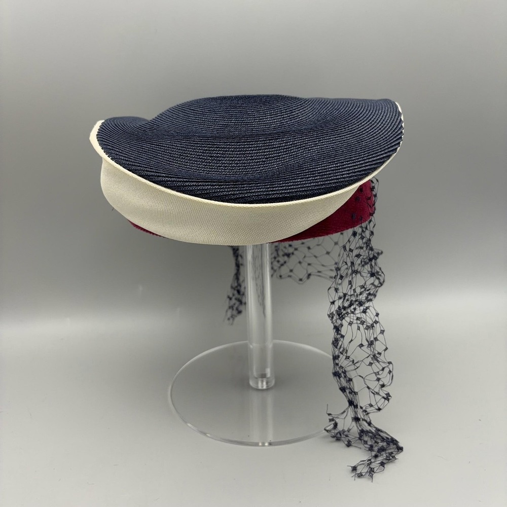 Vintage L.S. Ayres & Co Fascinator Hat Womens One Size Blue Straw Veil Net 50s - Picture 5 of 8